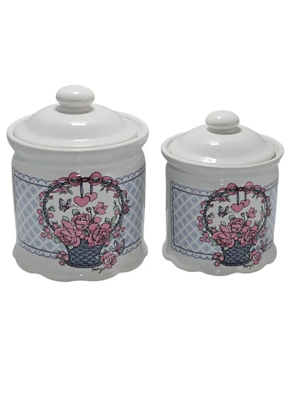 1980s Canister Set /2 Veranda Hearts Roses Basket Cottagecore vtg kitchen storag